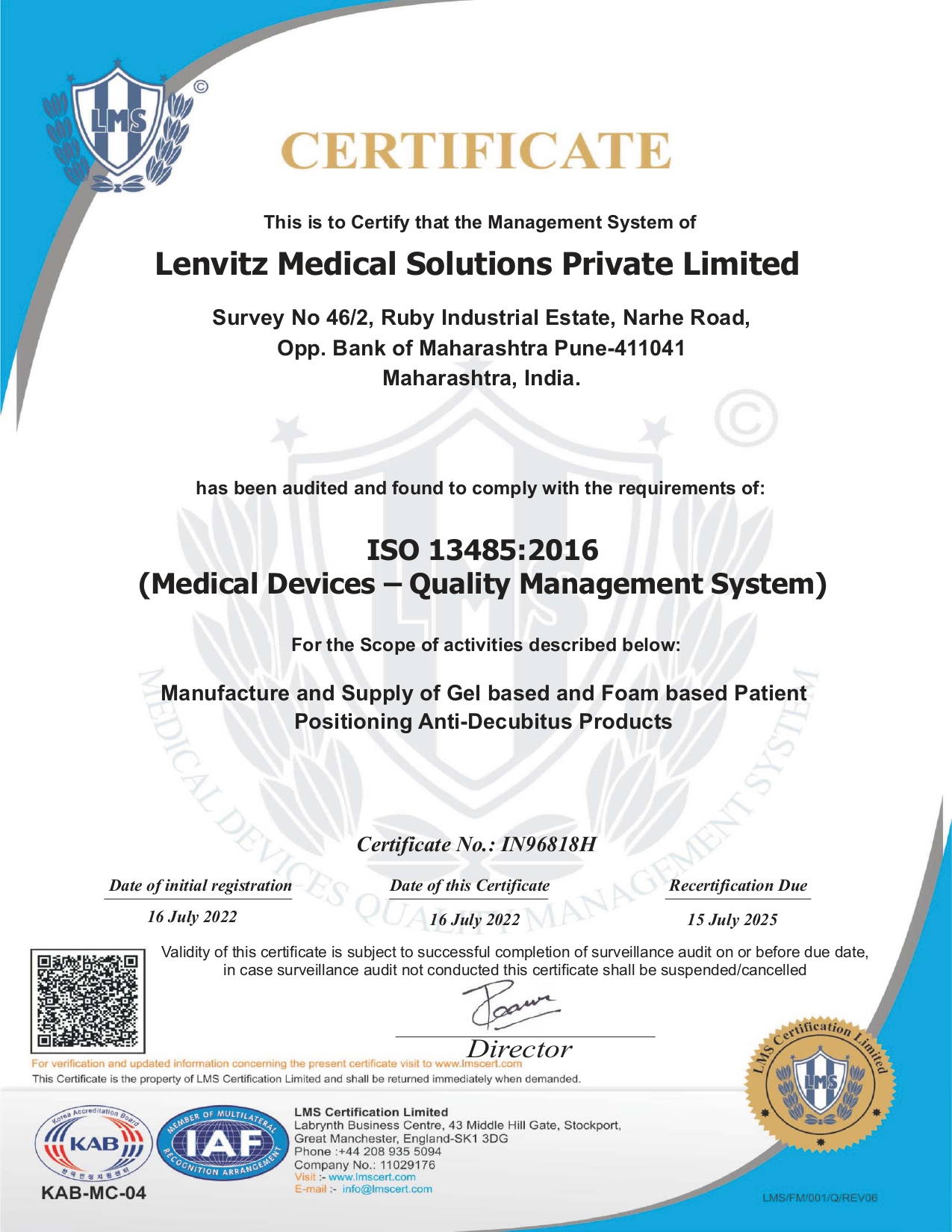 ISO Certificate - 2022-2025 - Lenvitz Medical Solutions PVT. LTD.